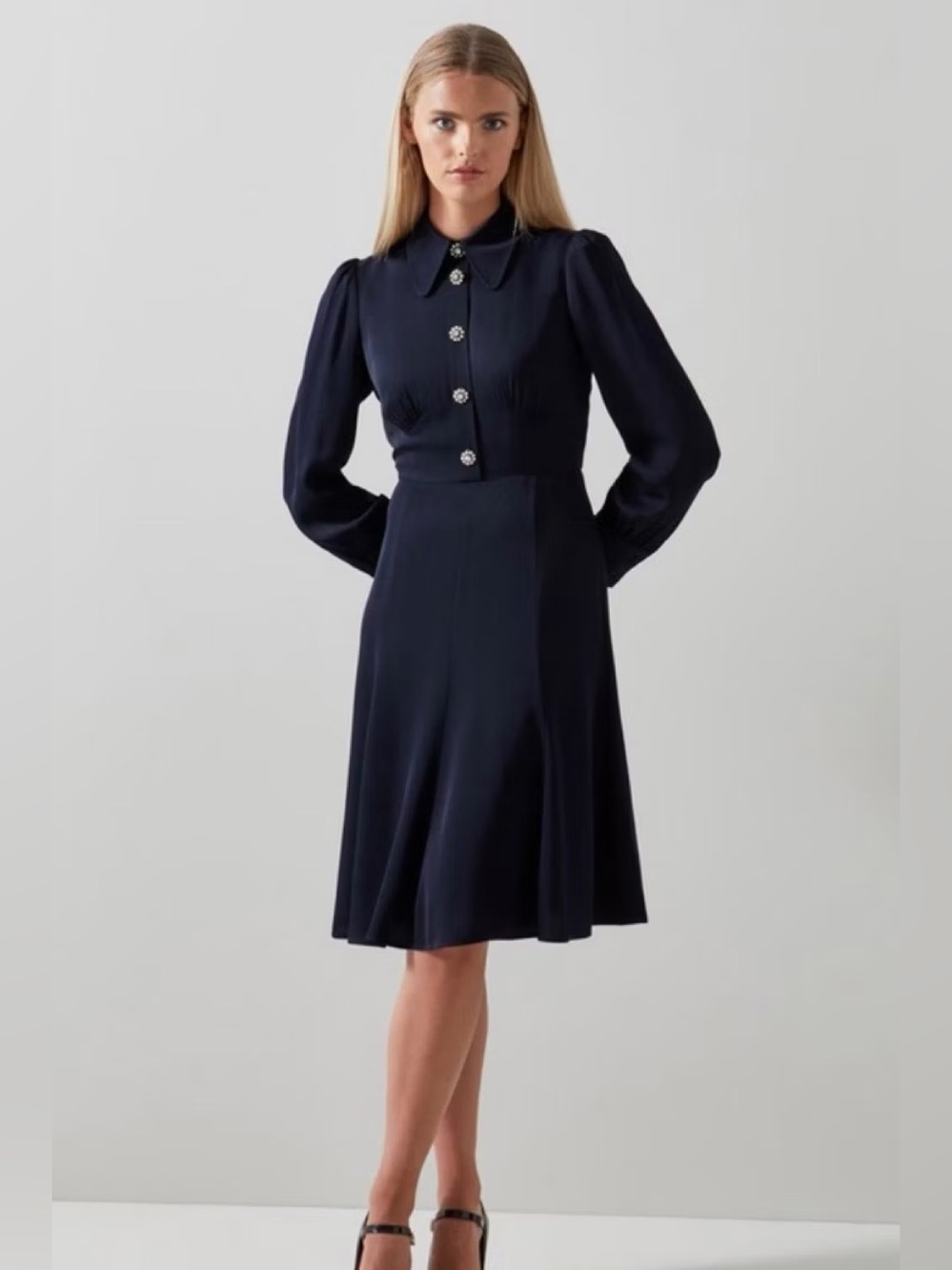 🔥LK Bennet London Navy Crepe Long Sleeve Tea Dress🔥